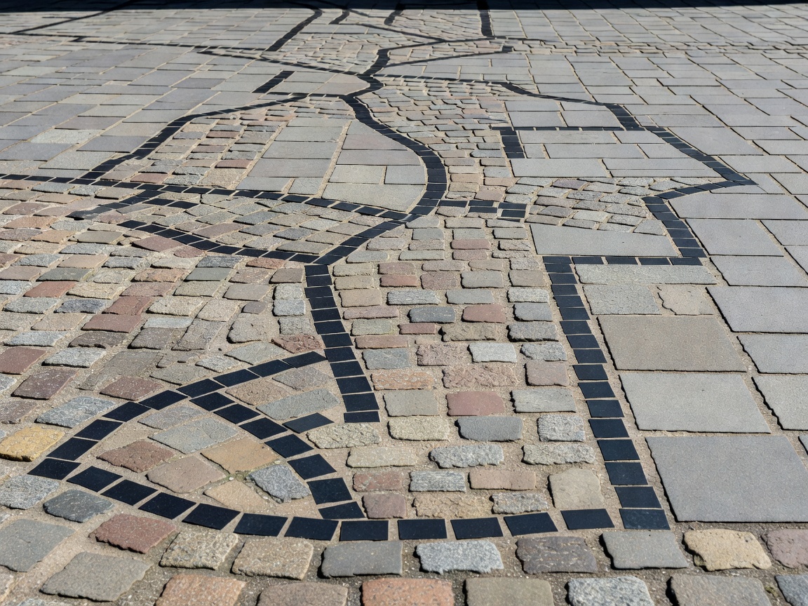 Cobblestone European street crossing with painted white border crosses