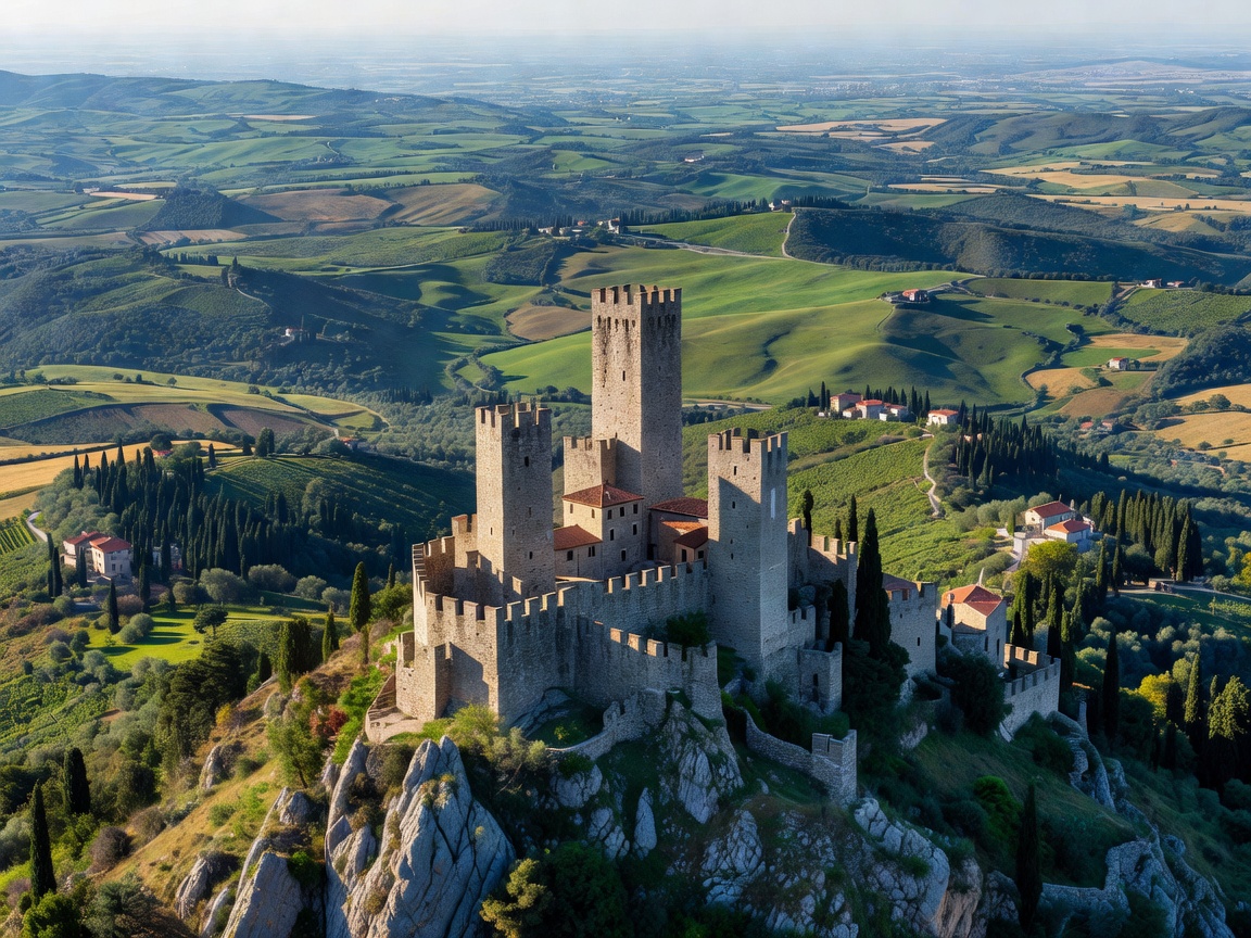 Fortified mountain peaks of San Marino overlooking surrounding Italian plains