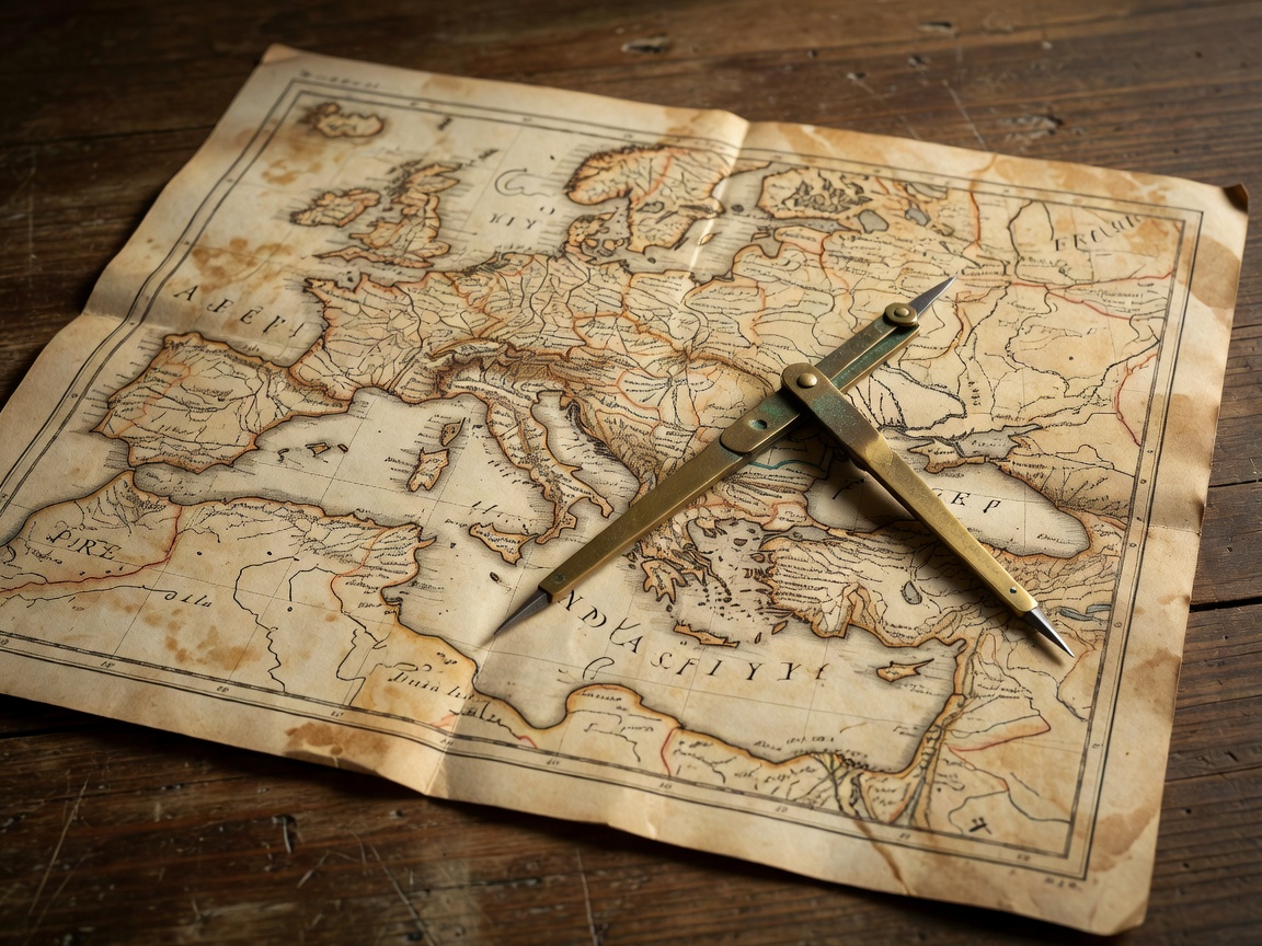 Old cartographic map with boundary lines and brass navigational dividers