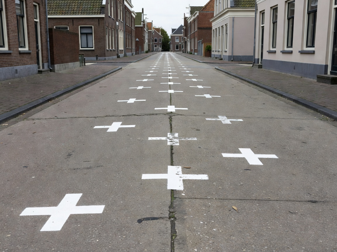 White plus marks painted across pavement denoting the international border in Baarle